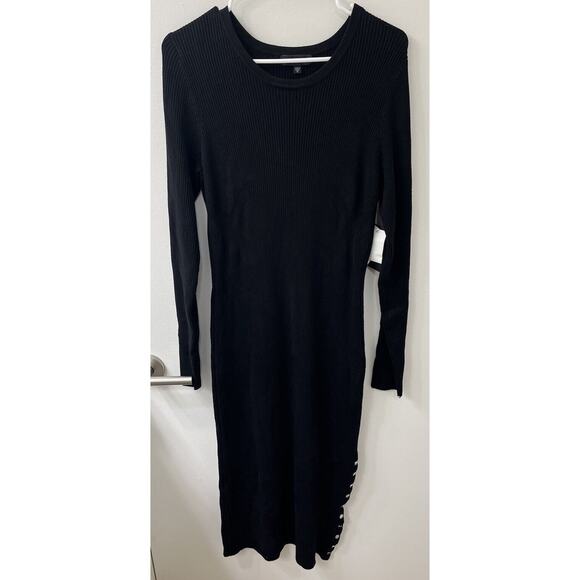 NWT GUESS Bodycon Ribbed Knit Sweater Dress Black Size XL Snaps Slit Long Sleeve - Picture 5 of 9